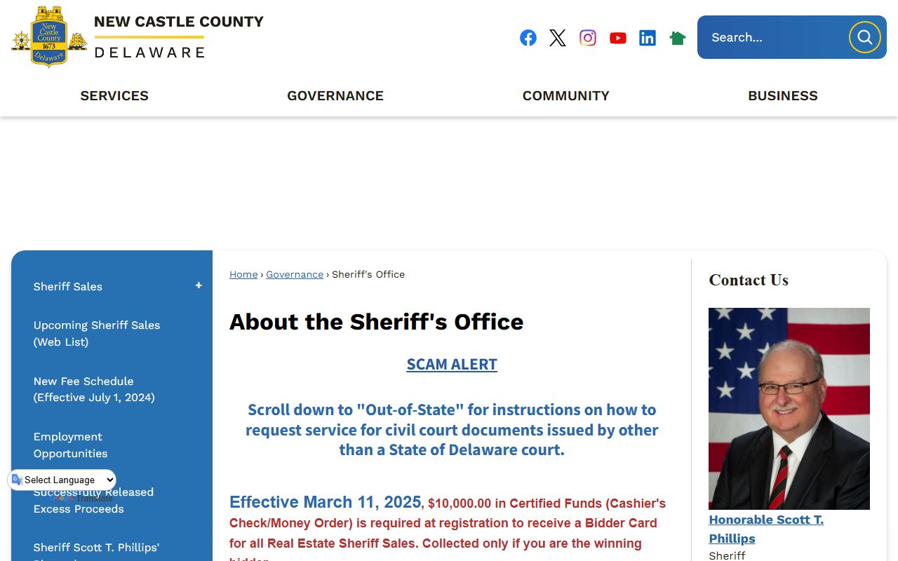 New Castle County Sheriff's Office page for felony records and civil process