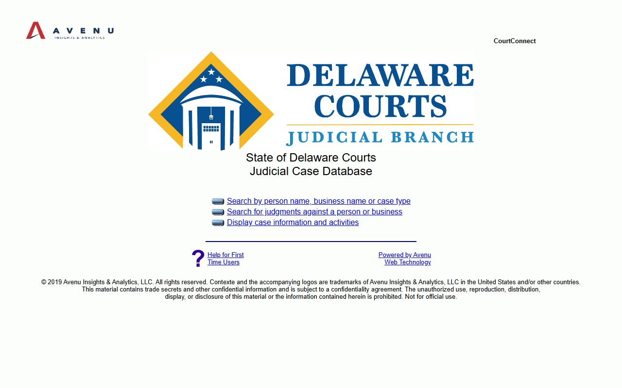 Delaware CourtConnect online court portal for felony records search
