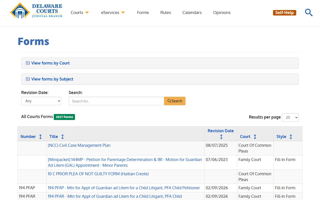 Delaware Courts forms and documents portal for felony records
