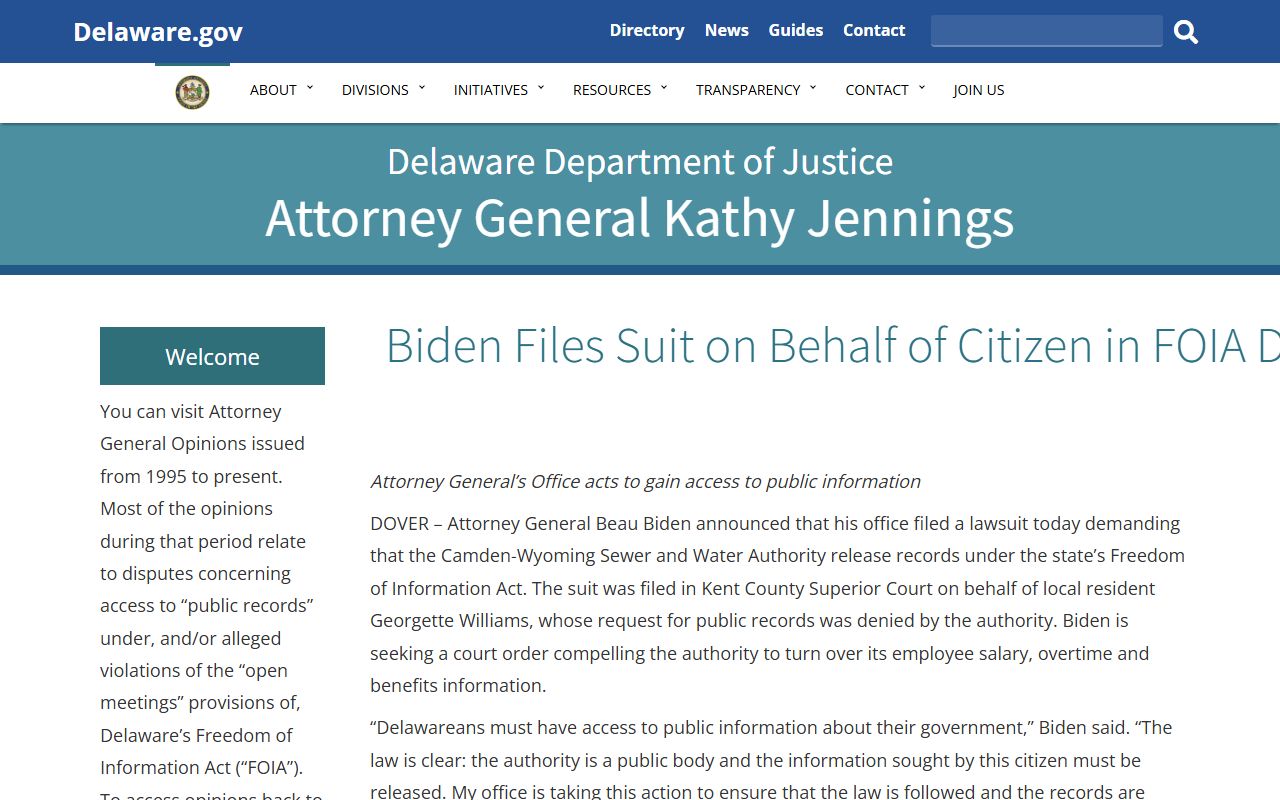 Delaware FOIA Attorney General page for felony records requests