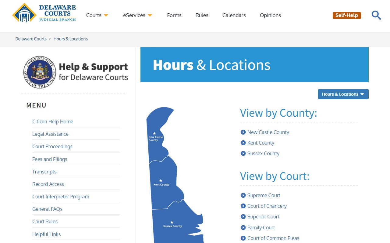 Delaware Judiciary court locations page for felony records