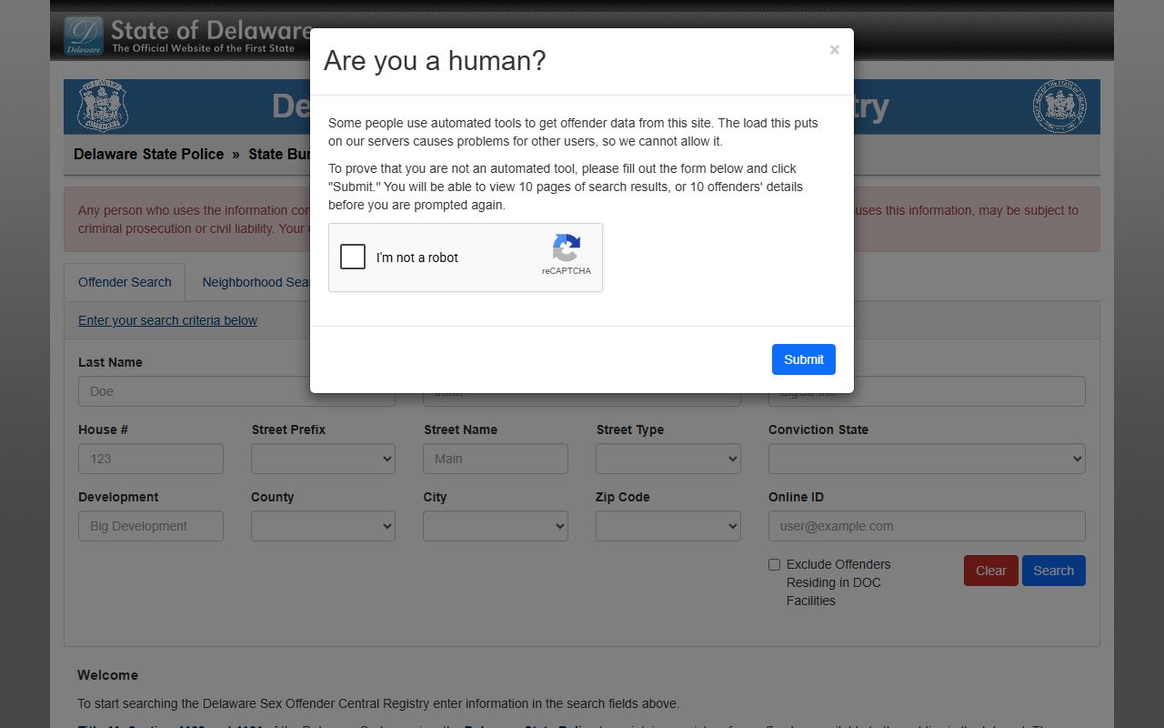 Delaware Sex Offender Registry public search for felony records